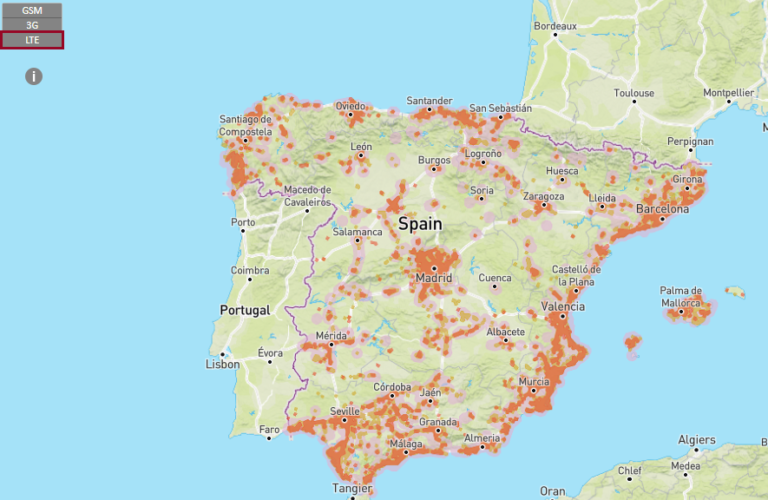 Mapa de cobertura de Yoigo (Másmovil) en España. Fuente GSMA