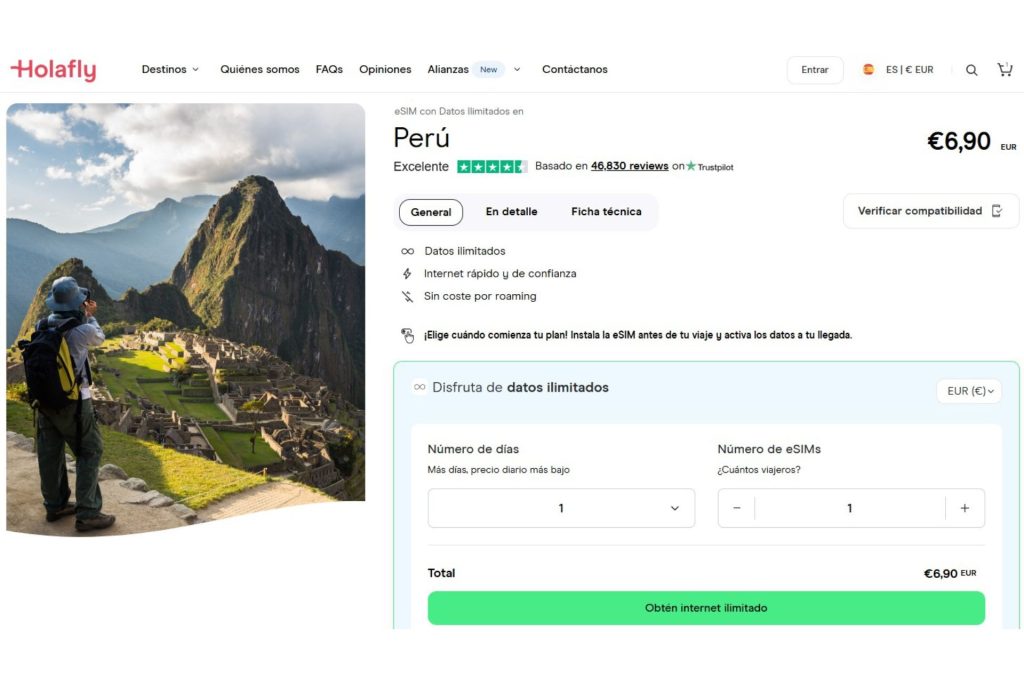 Tienda virtual de Holafly con información de los planes y tarifas de 
la eSIM para Perú