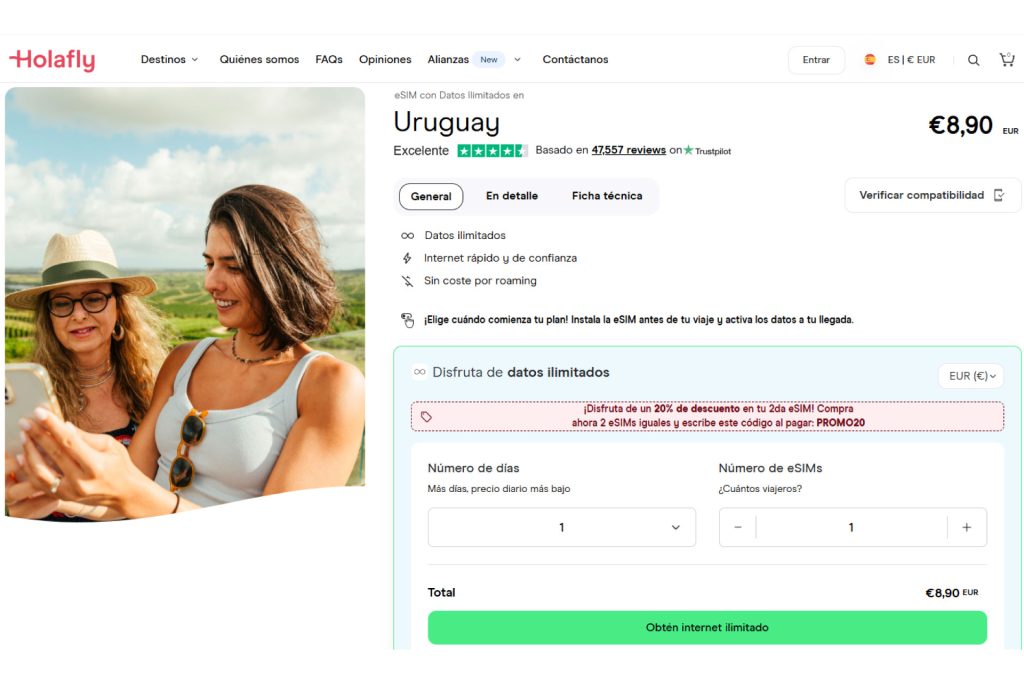 Tienda eSIM para adquirir datos ilimitados en Uruguay