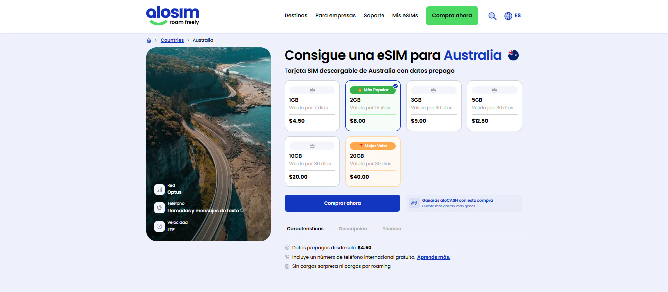 aloSIM: planes de eSIM para Australia