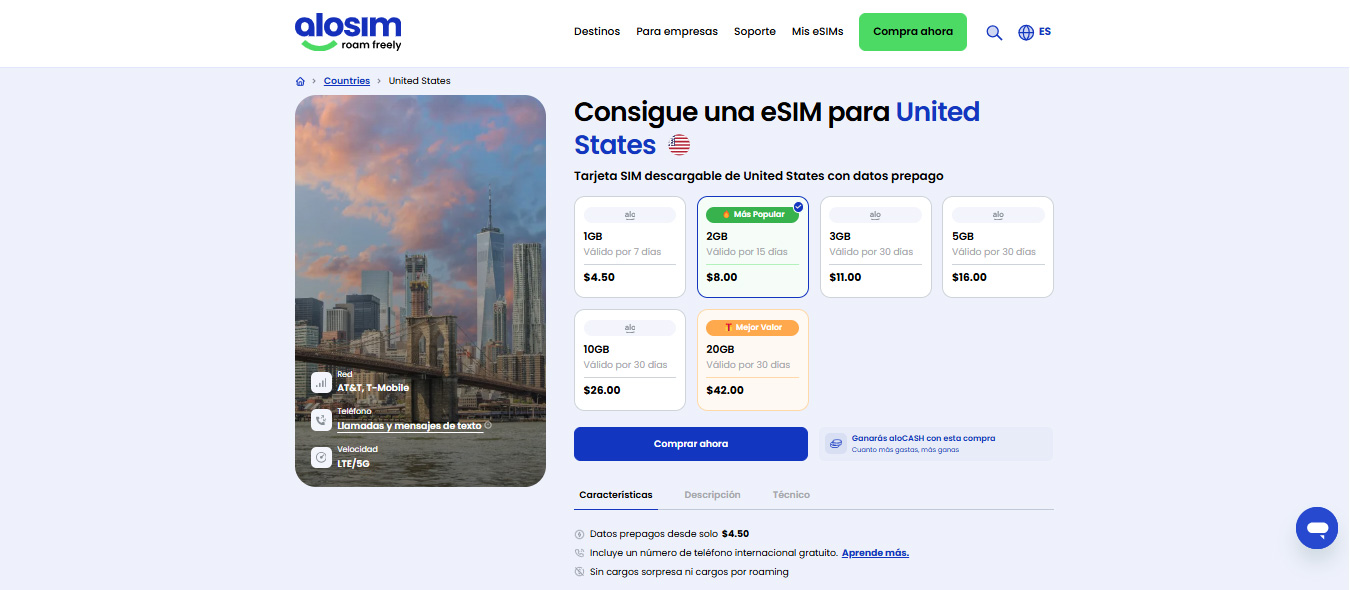 aloSIM: planes de eSIM para Estados Unidos