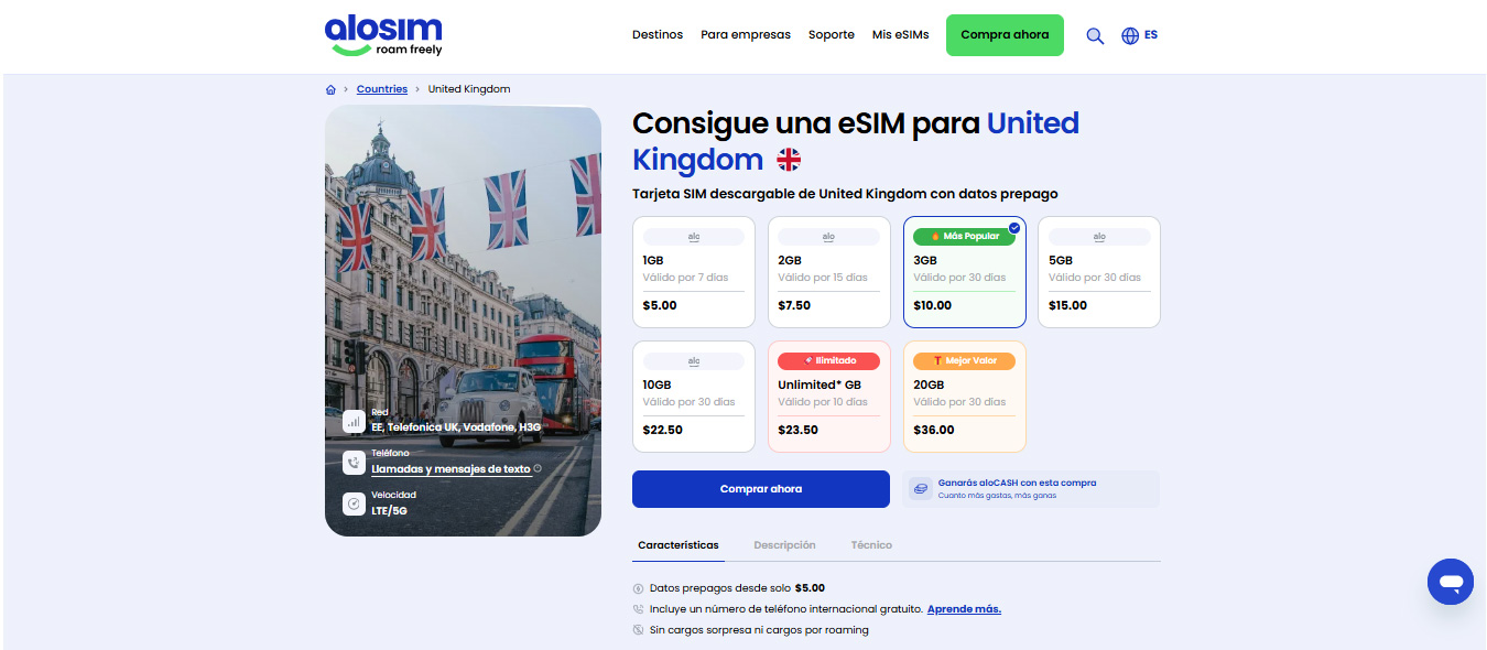 aloSIM: planes de eSIM para Reino Unido