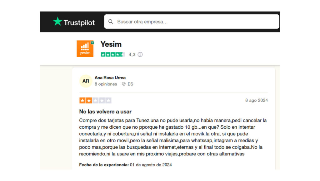 Opinión de Ana Rosa sobre la eSIM de Yesim en Trustpilot