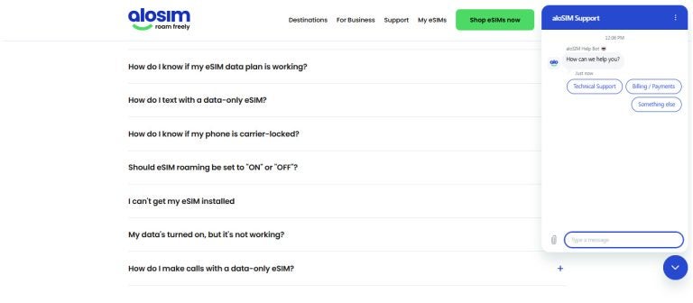 Página de soporte de aloSIM