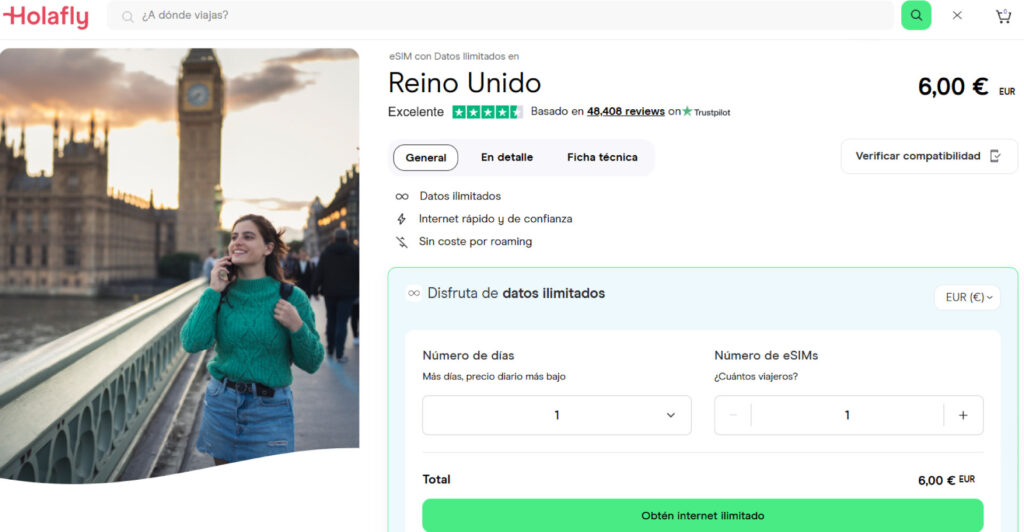 Vista de la tienda virtual de Holafly con planes de datos para Escocia