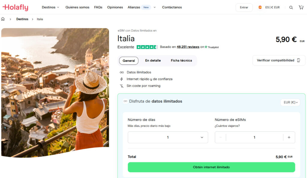 Información de planes ilimitados para Italia con la eSIM de Holafly