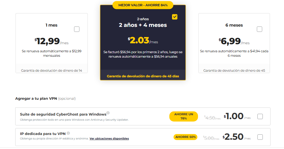 Planes y precios de CyberGhost