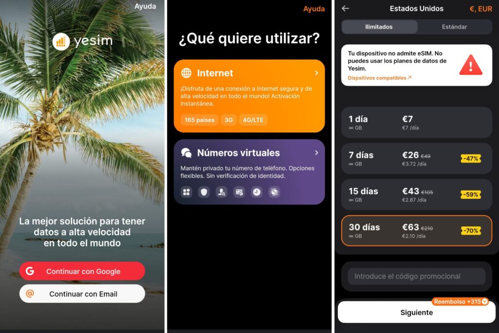 Imágenes de la app de Yesim