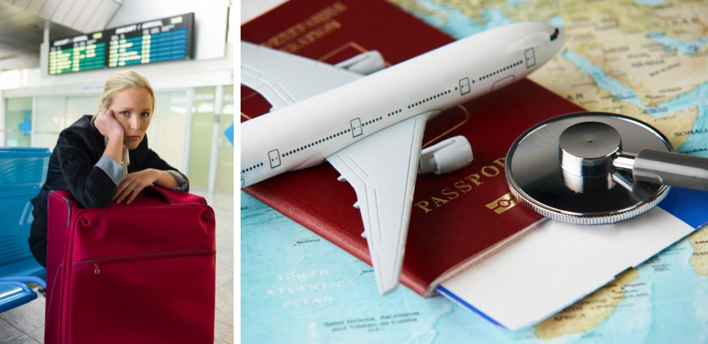 Mujer esperando vuelo retrasado y pasaporte sobre mapamundi para simbolizar las coberturas incluidas en el seguro de viaje Zurich