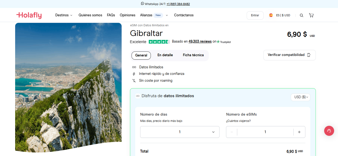 Compra de la eSIM para Gibraltar en la tienda online de Holafly