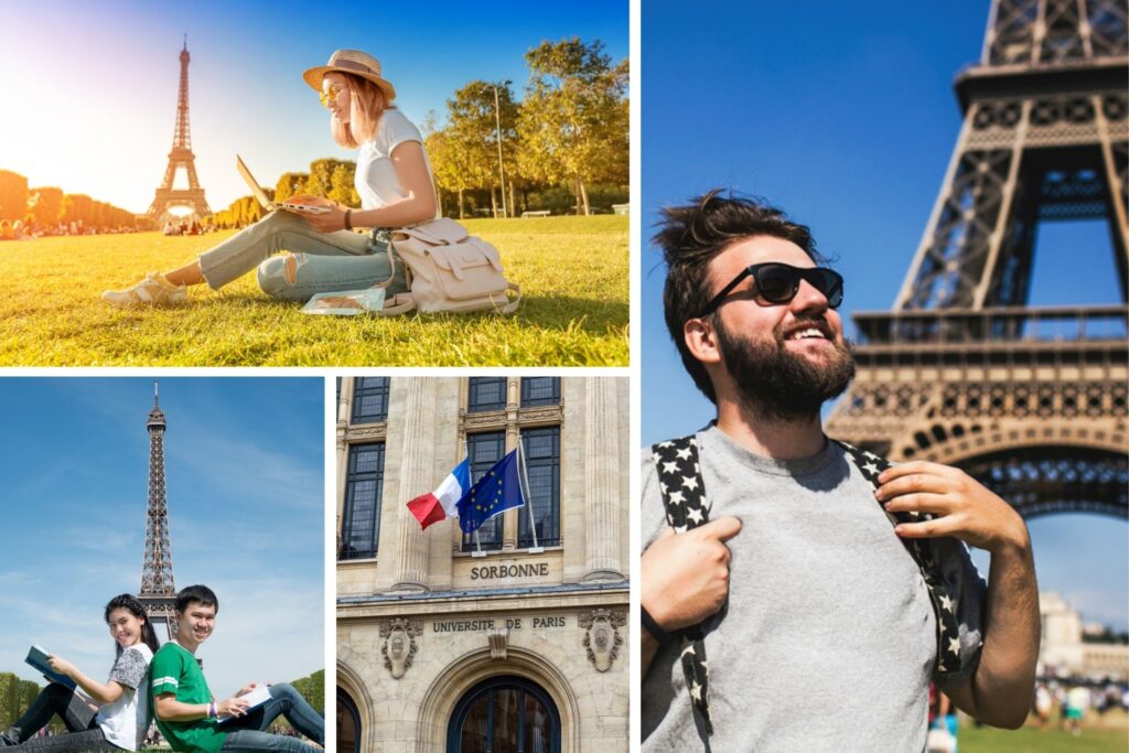 2 chicas y dos chicos estudiante al lado de la Torre Eiffel.