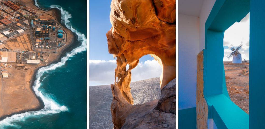 Vista aerea de Fuerteventura, molinos y  formaciones rocosas naturales del Arco de las Penitas