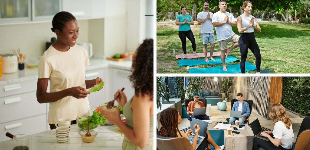 Grupos de nómadas digitales en cocina compartida, clases de yoga y espacio de coworking