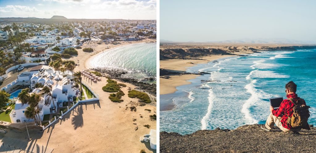 Nomada digital trabajando en remoto desdes Fuerteventura y vista de drone de Corralejo - Mejores espacios coliving de Fuerteventura