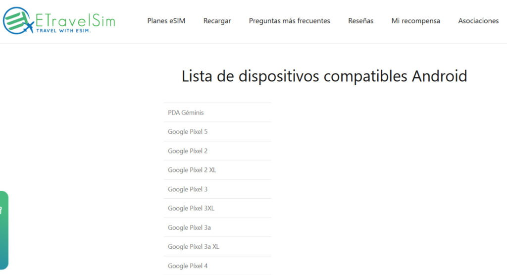 Vista de móviles compatibles con la eSIM de ETravelSim