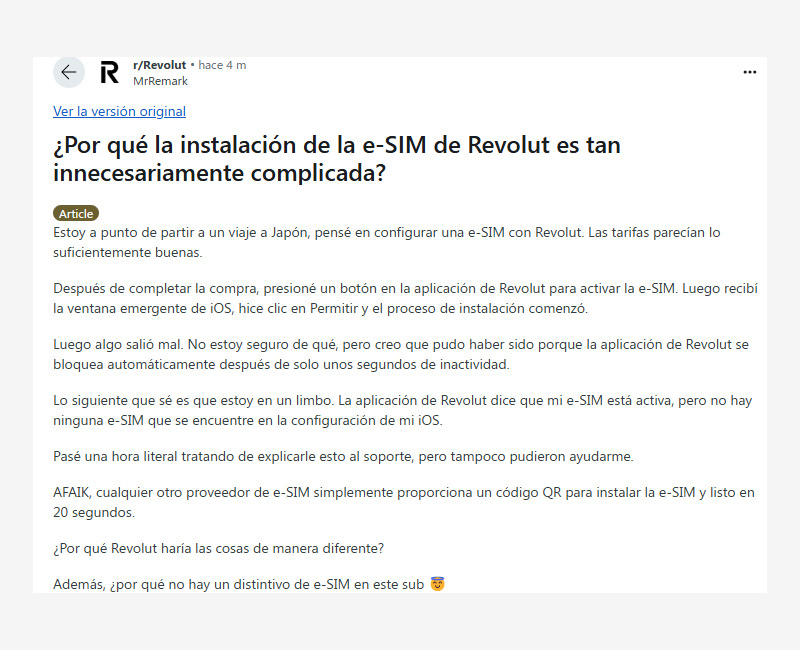 Opinión sobre la configuración de la eSIM de Revolut 