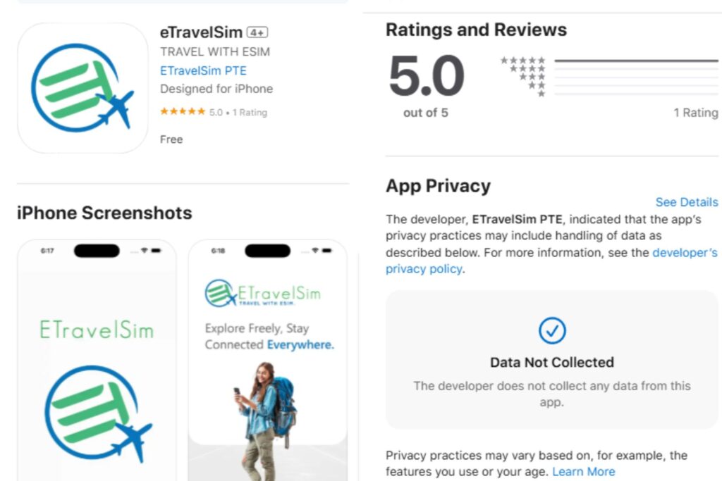Vista de ETravelSim en App Store