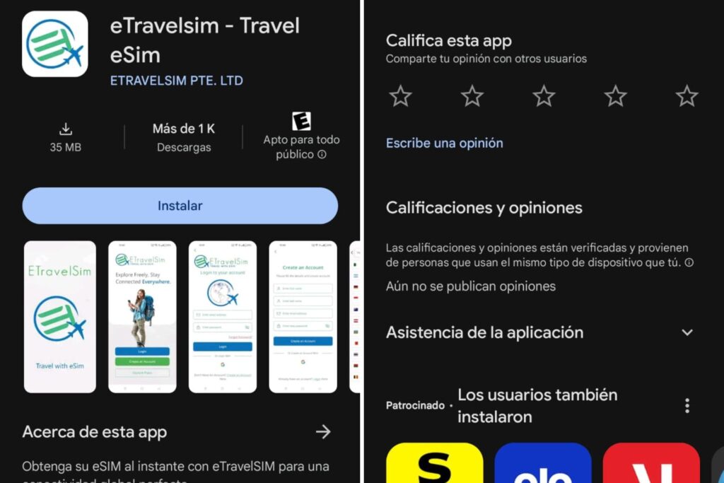 Vista de ETravelSim en Google Play