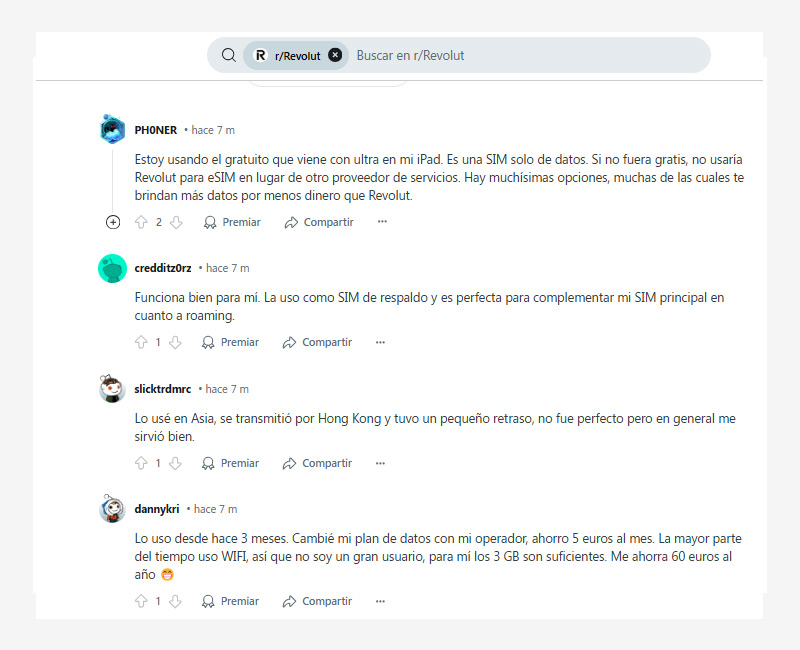 Opiniones generales de los usuarios en Reddit sobre la eSIM de Revolut