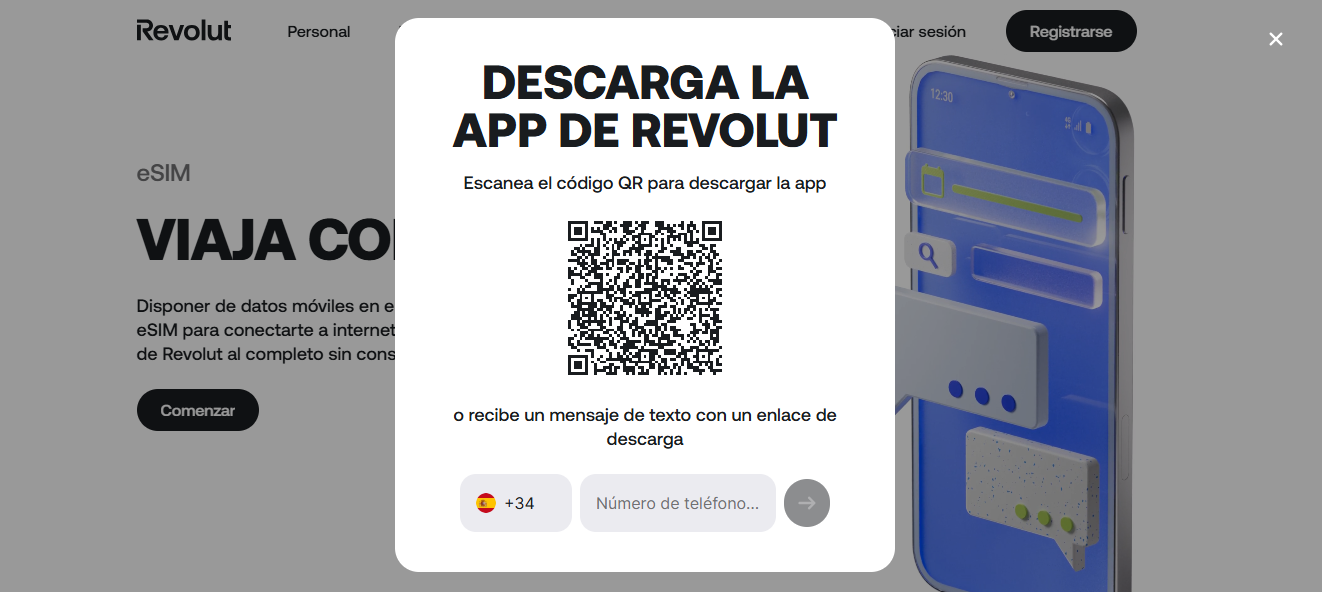 Ventana emergente en el sitio web de Revolut