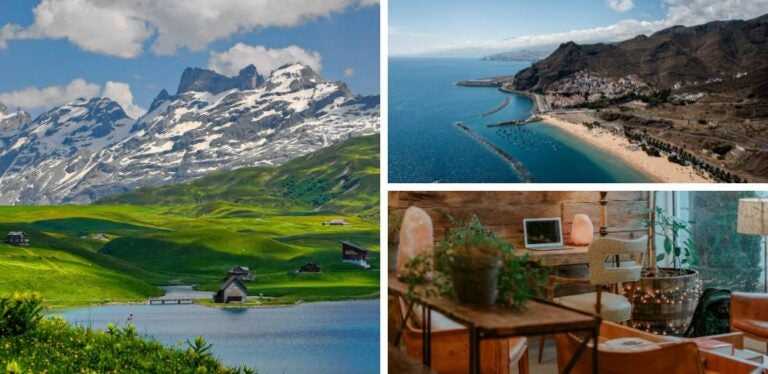 Vista a la isla de Tenerife y a pueblo suizo; coliving en Europa para nómadas digitales
