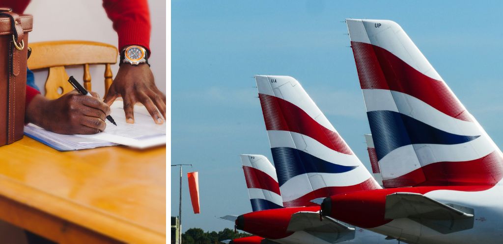 viajero español firmando la Autorización Electrónica de Viaje (ETA) y aviones británicos