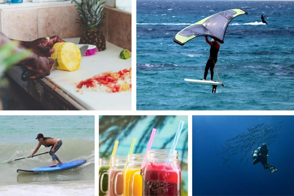 Gente haciendo surf y buceo en las Bahamas. Cócteles de frutas y rodajas de piña.