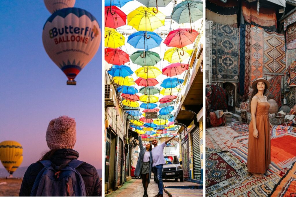 Turistas realizando actividades en Turquía como obervar globos aéreos, una calle con paraguas colgantes o una tienda de alfombras turcas.