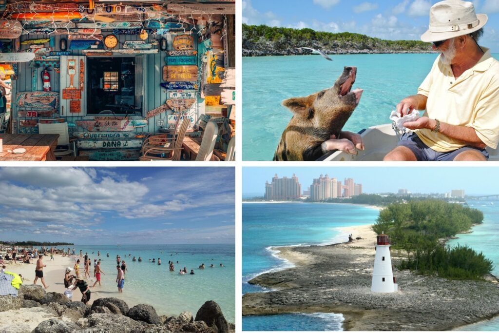 Playa de Las Bahamas, hombre dando de comer a un jabalí, el faro del país y un puesto playero.