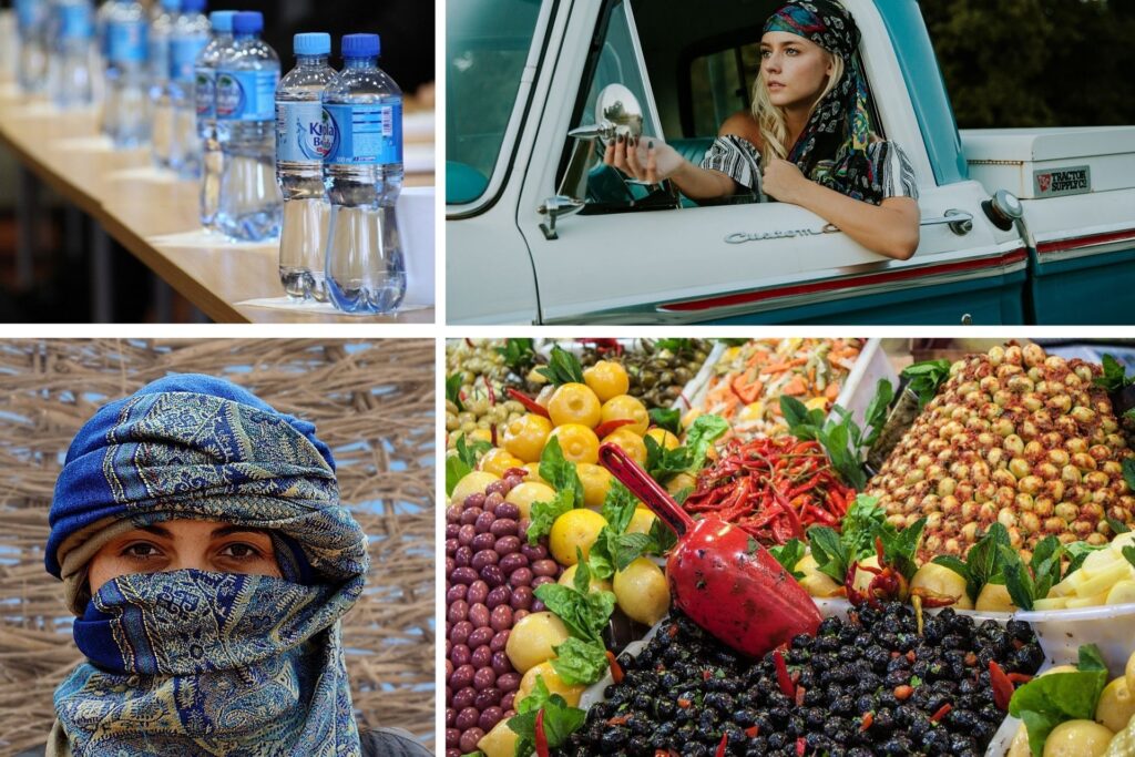 Puesto de fruta en Marruecos, mujer con pañuelo, chica conduciendo y agua embotellada.