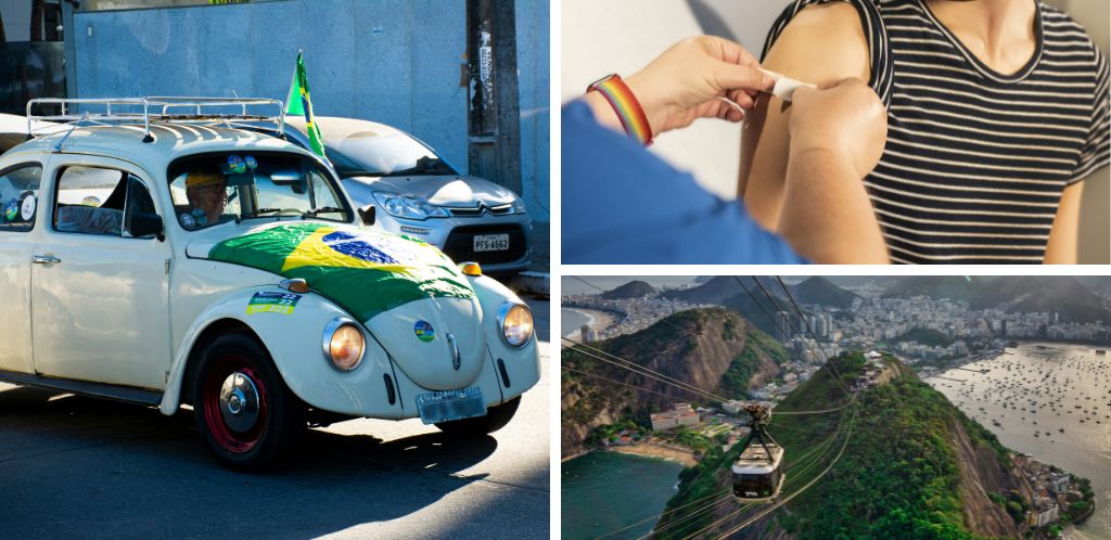 Vistas de Río de Janeiro; viajero estadounidense poniéndose vacuna para viajar a Brasil y coche con bandera brasileña