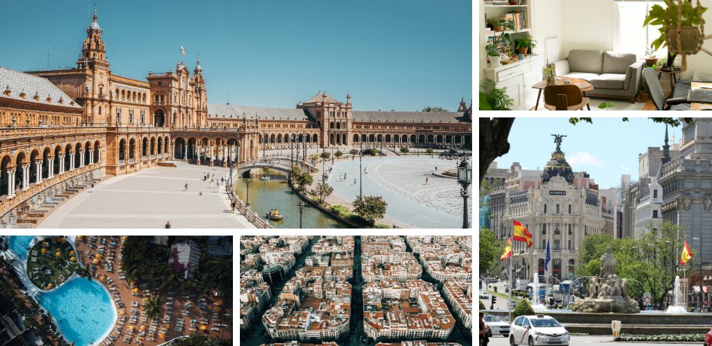 Costo de vida en España: vistas de la Plaza España de Sevilla, de Madrid y de Barcelona. alojamientos (hotel y apartamento).