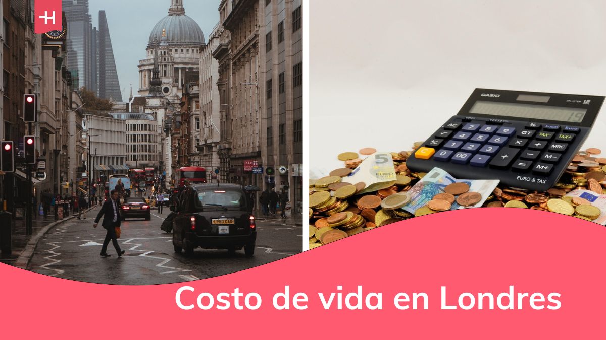 Calle de Londres y una calculadora con monedas y billetes.