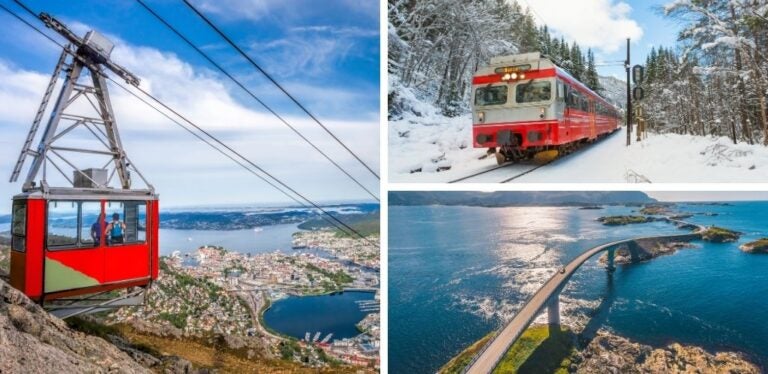 Ferrocarril por cable Ulriken en Bergen, tren de cercanías en la plataforma de la estación de metro en Oslo Noruega, Carretera Atlántica en Noruega