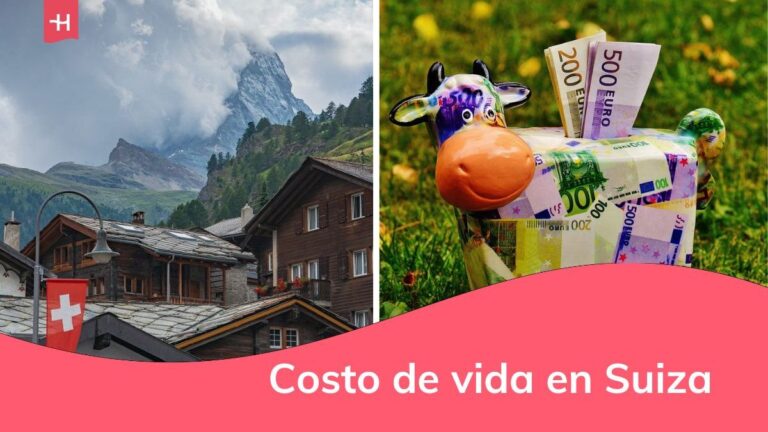 Paisaje de Suiza con casas y montañas, al lado una hucha en forma de vaca con billetes de euros.