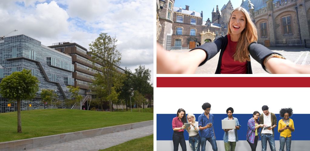 La Universidad Técnica de Delft; estudiante en Holanda y grupo de estudiantes con bandera de Países Bajos