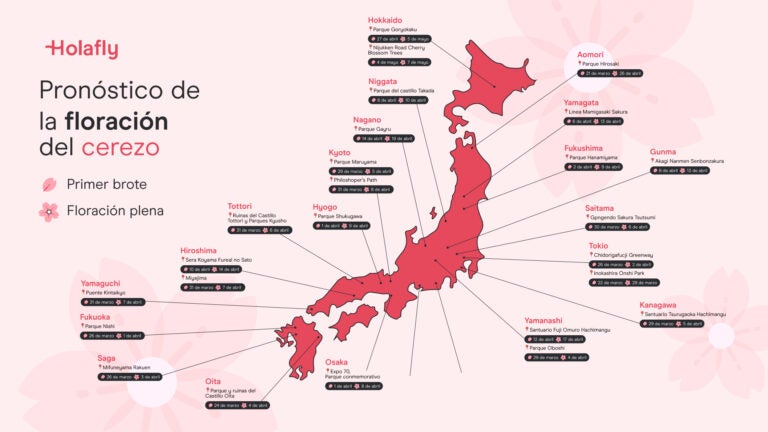 Mapa de Japón con pronóstico de la floración de cerezos (sakura) para 2025