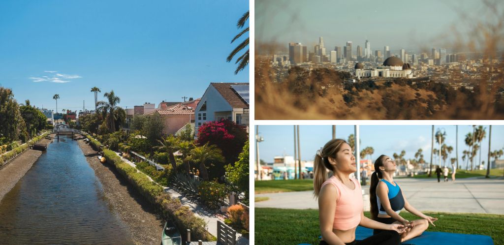 Nómadas digitales haciendo yoga en coliving de Los Ángeles, casa junto al ´río. Vistas aéreas de Los Ángeles