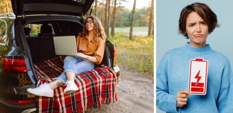 Nómada digital trabajando en remoto desde un coche con su laptop; viajera que ha contratado el servicio de RoamWiFi con símbolo de bateria baja