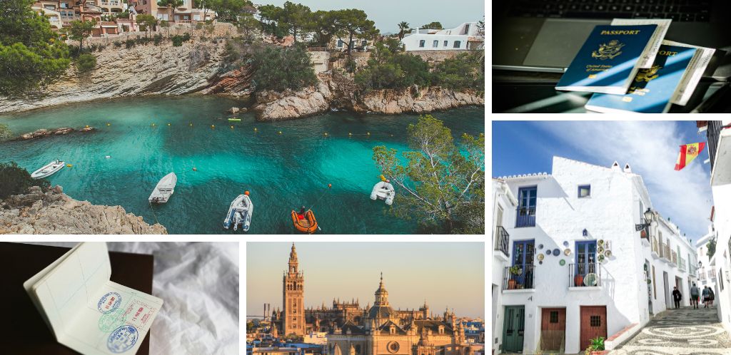 Pueblo de Andalucía; vista al mar en Mallorca; Vistas de la catedral de Sevilla y pasaporte estadounidense y visa para viajar a España, uno de los requisitos para viajar a España desde Estados Unidos