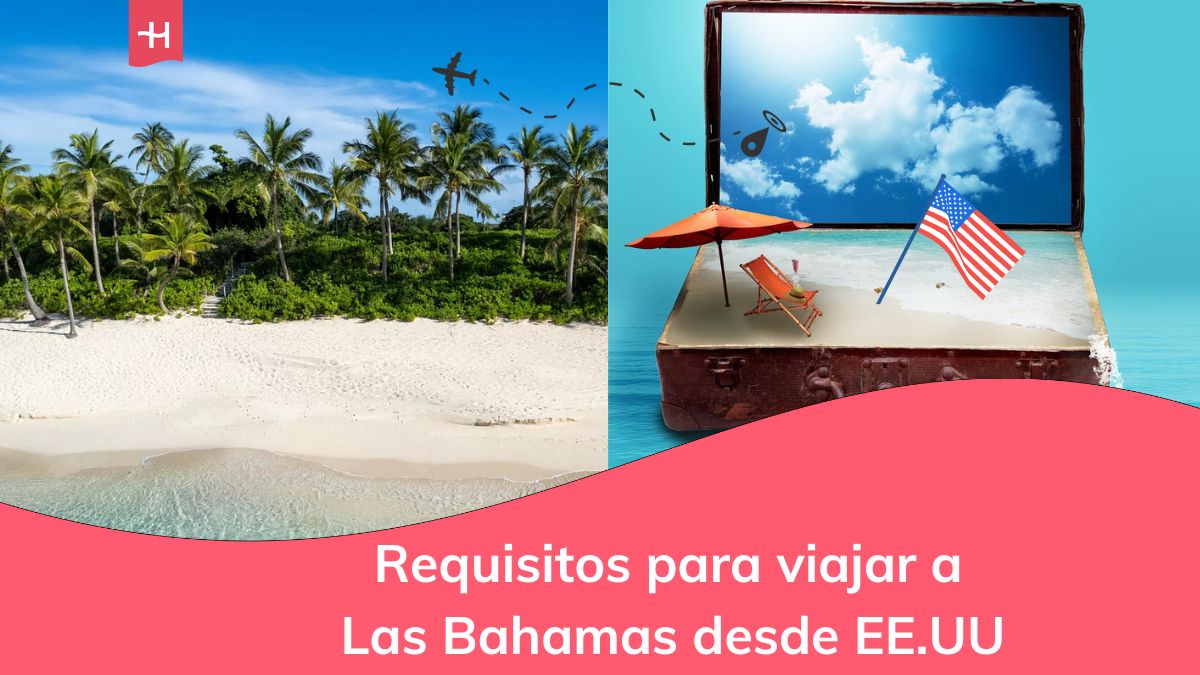 Playa de las Bahamas y una maleta con la bandera de EE.UU.