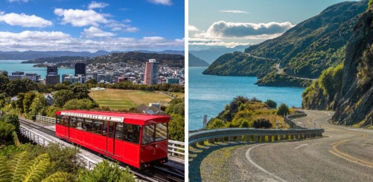 teleferico-de-Wellington-la-capital-de-la-Nueva-Zelanda-Y-CARRETERA-JUNTO-AL-LAGO-largo-del-lago-Wakatipu-Queenstown