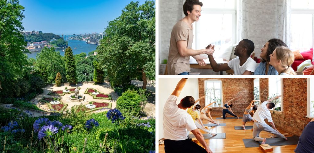 grupo de nómadas digitales en reunión y en clase de yoga; vistas a la Ribiera de Oporto desde los jardines del Palacio de Cristal 