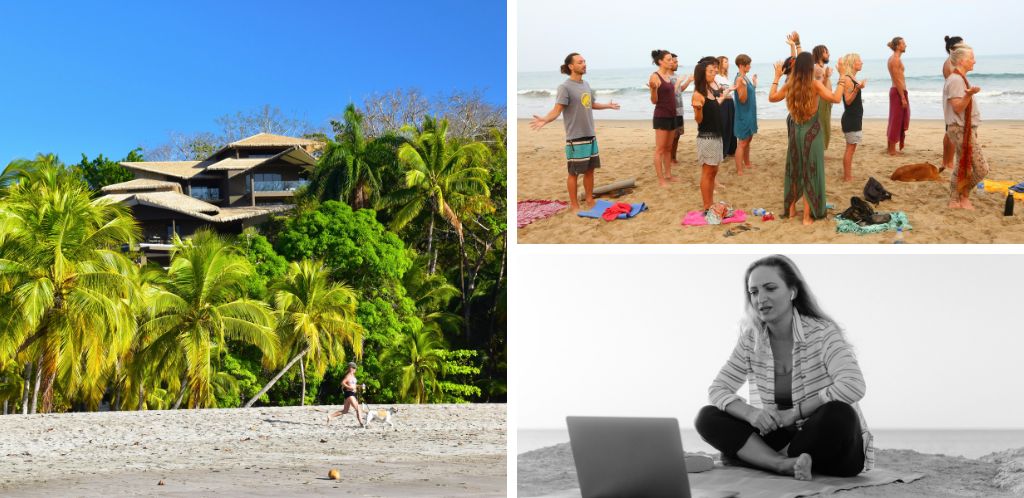 Grupo de nómadas digitales en coliving de Costa Rica practicando yoga y trabajador remoto con laptop en playa costarricense