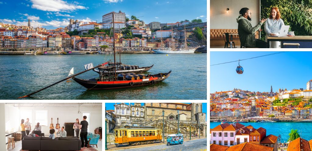 Vistas del río Duero en Ribeira, Oporto; nómadas digitales en salon compartido y coworking de coliving en Oporto; tranvía y teleférico en Oporto