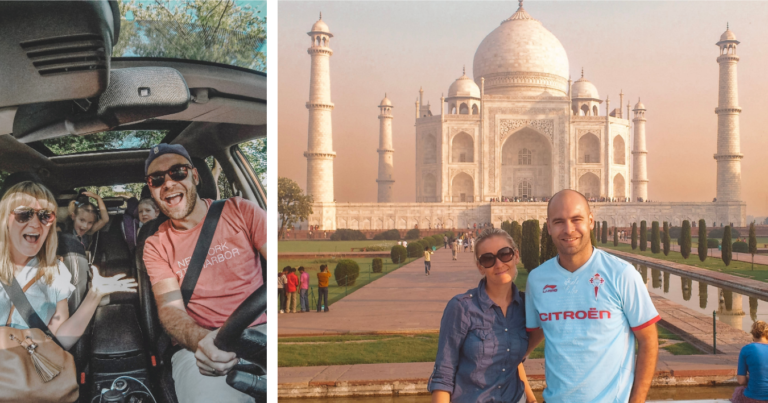Collague MolaViajar: izquierda familia en auto sonriente. Derecha, pareja joven frente al Taj Mahal.