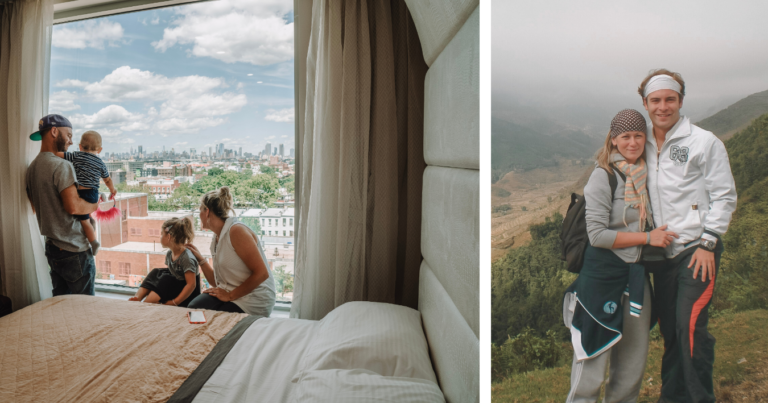 Collage MolaViajar. Izquierda, familia de 4 mira a través de un ventanal de una cuarto de hotel: de fondo, a lo lejos, un parque y una ciudad. Derecha, una pareja joven posa en un paisaje verde de montaña. 