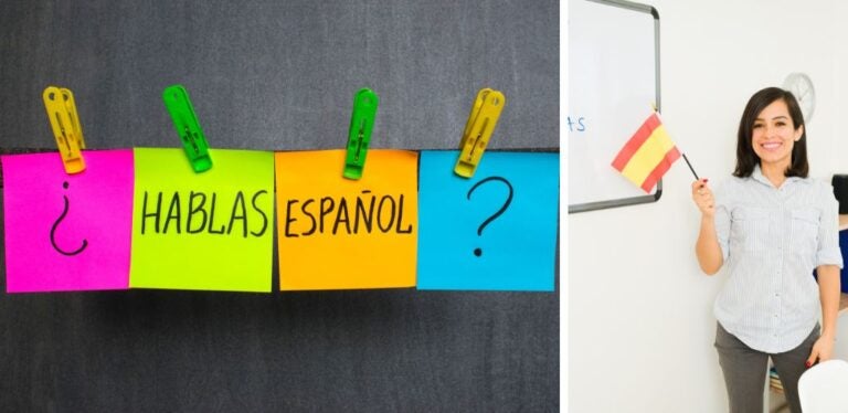 profesora de español y pizarra de academia de Barcelona