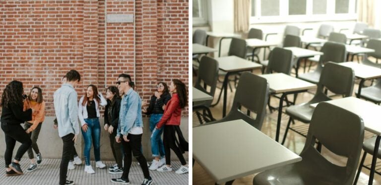 grupo de estudiantes en el exterior de academia de inglés en Inglaterra y aula de escuela