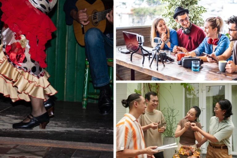 Chicos y chicas realizando una barbacoa, viendo un espectáculo flamenco y en un coliving de Granada.